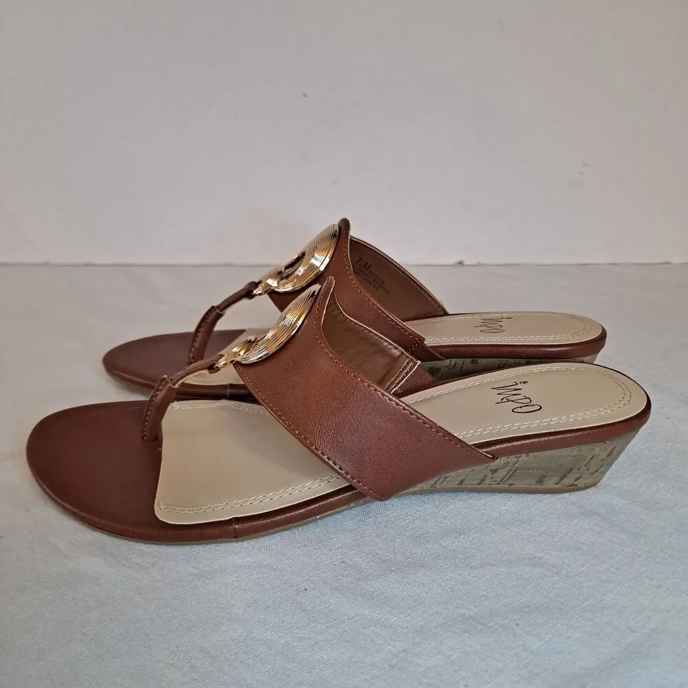 Impo Ronette Slide Sandals Women's 7.5 Brown Gold Circle Cork Wedge Heel